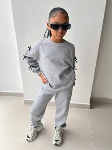 SHEIN 少女灰色卫衣套装，可爱蝴蝶结装饰，休闲日常百搭，厚实宽松，舒适 - 灰色 - 查看 5