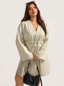 Elaquor Plus Size Women Waist Cinched Long Sleeve Apricot Casual Dress, Versatile For Daily Commute - Apricot - View 6