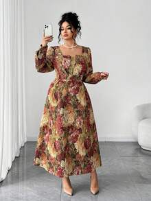 SHEIN Elenzya 提花长袖加大码连衣裙 - 彩色 - 查看 7