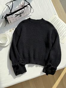 Comfortable Black Knit Cuff Tie Loose Pullover Sweater,Cute Back-To-School Autumn Clothes For Tween Girl,School Bow Sleeve Casual Versatile Simple Top - Coffee Brown - View 5