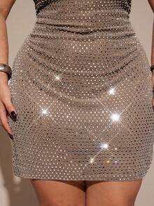 SHEIN BAE Váy bút chì ôm sát cổ vuông màu kaki trơn mùa thu đông cỡ lớn có dây đeo vai đính đá lấp lánh tinh tế, váy nữ quyến rũ, váy thanh lịch thích hợp cho các bữa tiệc, hộp đêm, tiệc cocktail, tiệc chiêu đãi, buổi tối đi chơi, vũ hội, hẹn hò, váy đính đá, váy mùa đông, Halloween, Giáng sinh, váy năm mới, váy dự tiệc, váy khách dự tiệc cưới, váy thanh lịch dành cho nữ, váy sequin - Màu Khaki - Xem 3