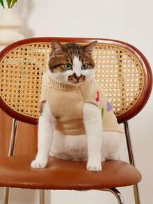 PETSIN 1件宠物猫狗通用杏色爱心可爱甜美图案针织提花保暖舒适弹力无袖高领狗狗毛衣 - 彩色 - 查看 4