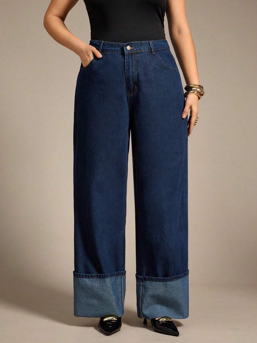 Auralis Quần jean ống rộng cài nút đa năng thời trang thường ngày cho nữ cỡ lớn - màu nâu - Xem 1