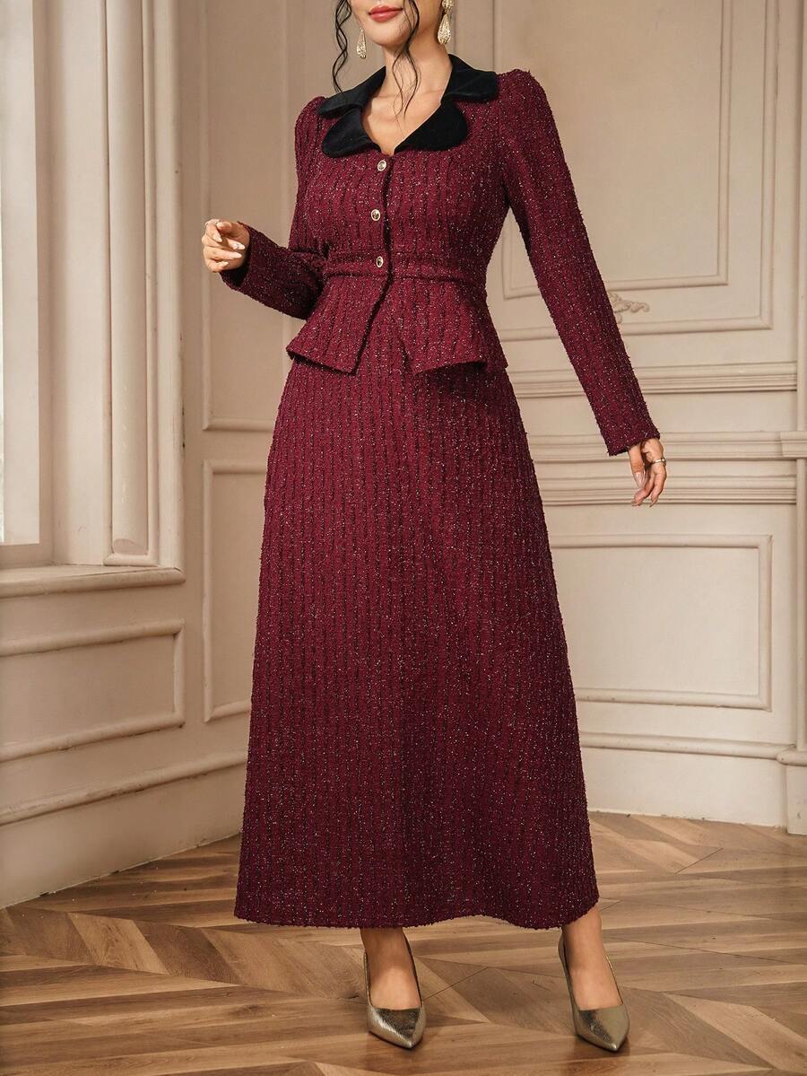 DAZY Women's Textured Velvet Contrast Collar Splice Jacket And Long Skirt Elegant Urban Casual 2-Piece Set - Burgundy - View 1