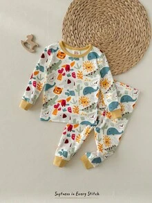 Cozy Pixies Bộ đồ ngủ ôm sát cho bé trai, áo len dài tay cổ tròn họa tiết gấu hoạt hình mềm mại và quần dài cạp chun, bộ đồ hai mảnh bó sát, lót nhiệt chống nắng nhiều màu, thích hợp cho mùa đông - Màu xanh lam - Xem 6