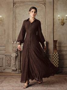 Anewsta Women's New Lace Elegant Long Sleeve A-Line Dress, European & Middle Eastern Street Style, Brown, Burgundy, Purple, Suitable For Valentine's Day - Coffee Brown - View 4