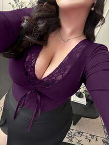 Vibekara Fall/Winter Elegant Contrast Lace V-Neck Long Sleeve Sexy Top - Purple - View 1
