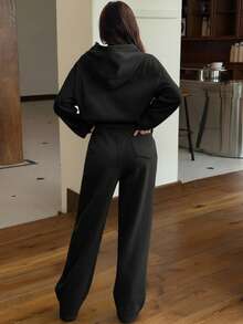 Muchica Bộ 2 món/Bộ áo hoodie lót nhiệt thường ngày cho nữ và quần dài, Thu/Đông - màu đen - Xem 2