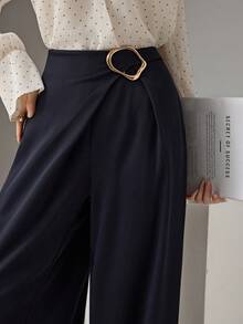 Modelyn Pantalon ample élégant à jambes droites et couleur unie avec décoration pour femmes - Bleu azur - Voir 7