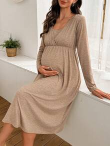 Moonlight&Mama Váy ngủ dài tay cho bà bầu mềm mại và thoải mái - Cà phê nâu - Xem 6