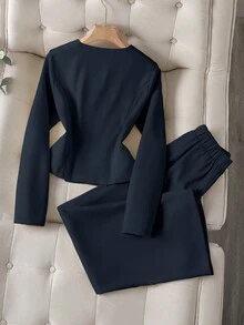 Franclia Conjunto de dos piezas de unicolor elegante con cuello redondo y manga larga para damas - Azul Marino - Ver 2