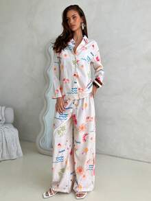 Aloruh Women's Front Button Down Long Sleeve Allover Print Shirt And Pants 2 Pieces Set - Multicolor - View 6
