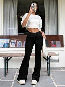 SHEIN EZwear Women's Black Velvet Flare Leg Pants - Black - View 3