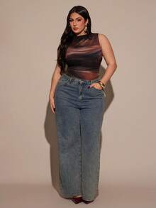 SHEIN BAE 大码女式不对称露肩印花长袖上衣，秋冬款 - 彩色 - 查看 3