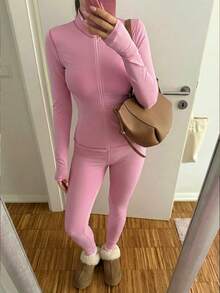 SHEIN EZwear Women's Yoga Sports Contrast Stitch Stand Collar Slim Fit Jacket And Leggings Set, Pink - Pink - View 7