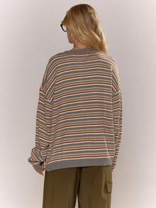 MUSERA Button Through Oversized Stripe Knit Cardigan Cute Cool Girl Cosy Winter Everyday Clean Girl Casual  Cottage Core Old Money Butterscotch Evening Party Elegant  Spring Sweater Vacation - Dark Grey - View 3