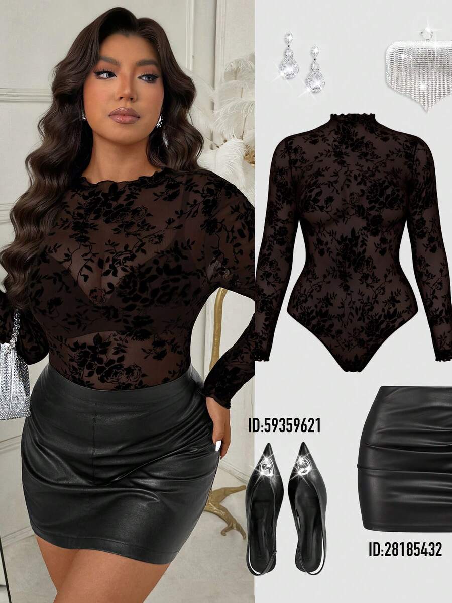Femmeverse Plus Size Women Flocked Lace Long Sleeve Bodysuit, Sexy Fitted - Brown - View 1