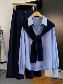 Chiquease 新款春秋季女士两件套，长袖上衣配可拆卸披肩 - 彩色 - 查看 1