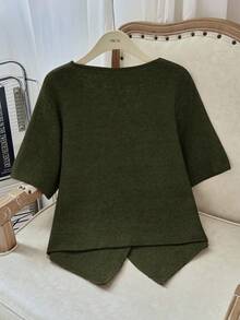 Modelyn Áo len tay ngắn cổ chữ V cài nút phía trước màu trơn cỡ lớn, thường ngày, đa năng cho mùa thu/đông - xanh quân đội - Xem 3