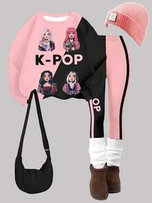 2pcs Young Girls Casual K-Pop Cartoon Character Print Long Sleeve Crew Neck Sweatshirt And Knit Leggings Set, Colorblock Graphic, Comfortable Knit Long Sleeve Outfit For Girls, Suitable For Autumn/Winter - Multicolor - View 3