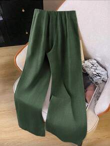 SHEIN Tall CURVE 大码女式纯色阔腿宽松休闲裤 - 軍綠色 - 查看 2