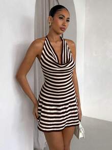 Glamine Elegant White And Brown Striped Knit Dress For Women,Chic Deep V Neck Draped Neck Backless Summer Vacation Holiday Short Party Dresses - Multicolor - View 5