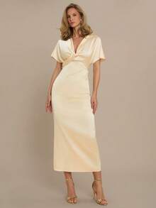 COSMINA Vestido largo con cintura ceñida, manga corta y detalle de nudo en el frente, elegante para mujeres. Adecuado para citas, reuniones y para usar en capas en todas las estaciones. - Albaricoque - Ver 6