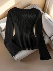 SHEIN Franclia 法式优雅方领弹力修身长袖针织衫，撞色滚边泡泡袖可爱针织上衣，适合日常穿着，荷叶边下摆针织衫，适合秋冬季节，乡村风格女式上衣，优雅女士毛衣，圣诞套头毛衣，女士冬季针织衫 - 黑色 - 查看 2