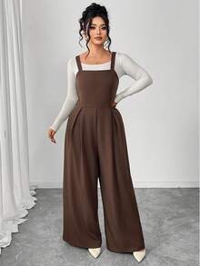 SHEIN Clasi Jumpsuit Kasual Longgar Berlipit Kaki Lebar untuk Wanita Ukuran Plus - Coklat - View 5