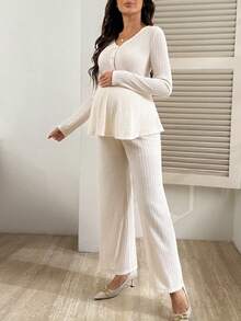 SHEIN 2pcs Maternity Nursing Set, Fashionable Casual Knit Textured Ruched - Apricot - View 6