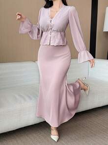 DAZY Women's Elegant Solid Color Long Sleeve Shirt & Skirt 2-Piece Set - Purple - View 3