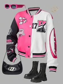 SHEIN Girlism Teen Girls Casual Street Baseball Jacket, Long Sleeve Fitted Pink White Black Logo Graphic Print Coat, Autumn/Winter - Multicolor - View 3
