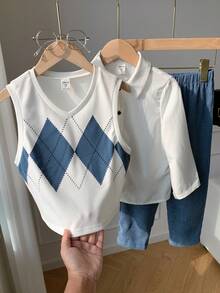 3pcs/Set Young Boy Casual Argyle Vest, Long Sleeve White Shirt, Relaxed Pants 3-Piece Outfit, Suitable For Birthday Party, Rave, Evening Event, Performance, Wedding Boys Vest And Shirt Set - Multicolor - View 8