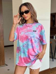 SHEIN EZwear 夏季扎染字母贴片落肩T恤 - 粉色 - 查看 4