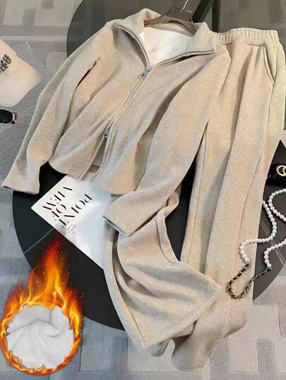 Franclia 2025秋冬新款休闲运动套装女时尚修身简约抓绒拉链连帽衫阔腿裤两件套