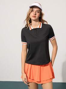 CourtClass Polo de golf décontracté à manches courtes avec col color block et demi-zip pour femmes, hauts de golf d'été pour femmes - Noir - Voir 3