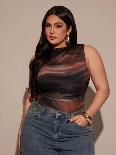 SHEIN BAE Plus Size Women Asymmetric Off-Shoulder Asymmetrical Print Long Sleeve Top, Autumn/Winter