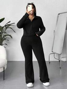 SHEIN EZwear Plus Size Solid Color Zip-Up Long Sleeve Top And Ribbed Long Pants 2 Pieces Set