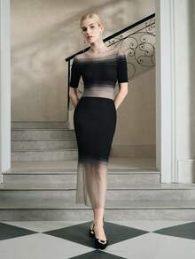 Anewsta Women's Ombre Sheer High Neck Knit Maxi Dress - Black - View 4