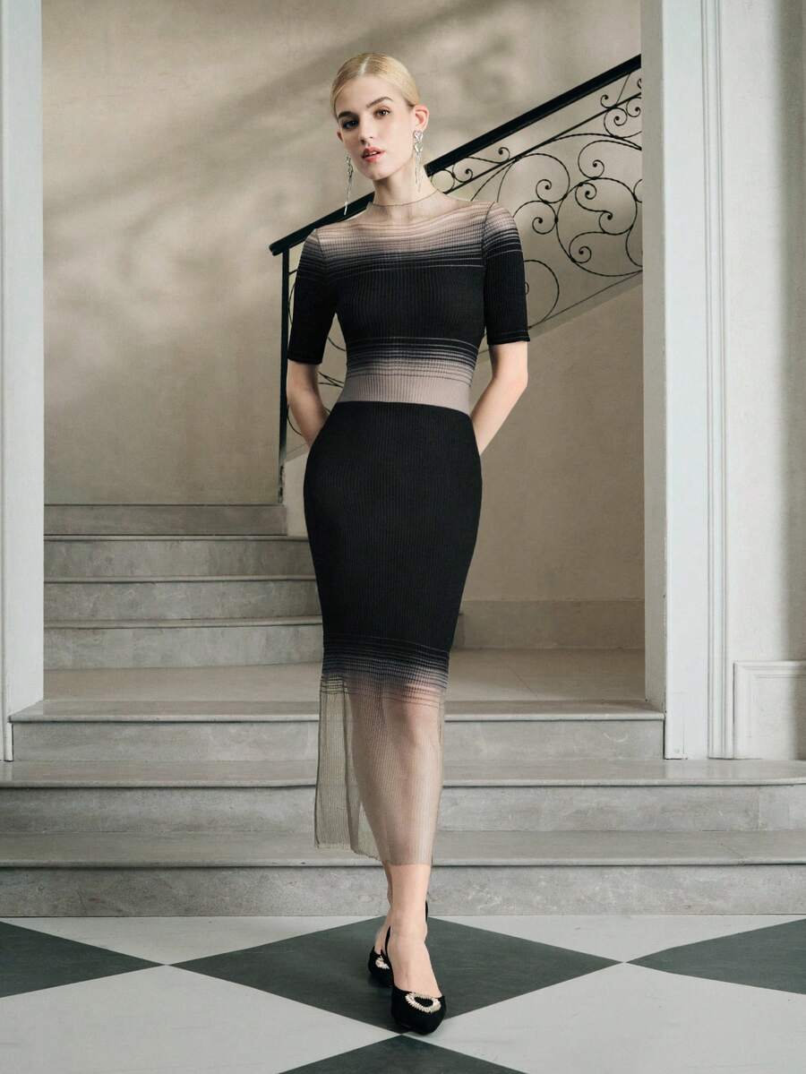 Anewsta Women's Ombre Sheer High Neck Knit Maxi Dress - Black - View 1