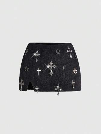 ROMWE Avant Women's Retro Vantage Sexy Subculture Cross Decor High Slit Bodycon Faux Fur Mini Skirt