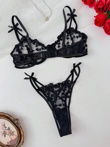 PetitDoll Women's Embroidered Mesh Sexy Lingerie (With Underwire/G-String) 2pcs Bra & Panty Underwear Set - Black - View 2