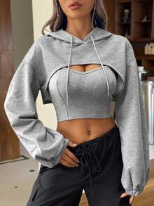 SHEIN EZwear Drop Shoulder Super Crop Drawstring Hoodie & Cami Top In Fall/Winter