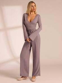 Glamine Mono informal de mujer de unicolor con cuello en V y cordón - Púrpura polvoriento - Ver 5