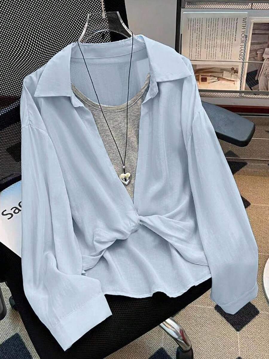 SHEIN Women's Casual Long Sleeve Vest 2 In 1 Shirt - Baby Blue - View 1