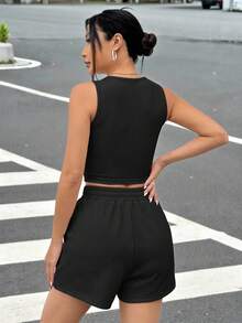 SHEIN EZwear 黑色針織無袖女背心套裝 - 黑色 - 查看 2
