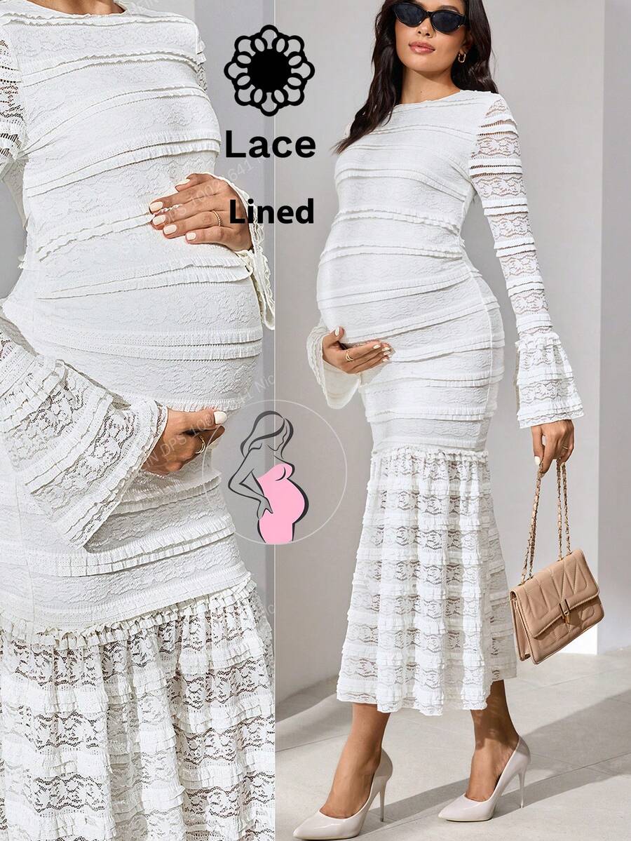 MaterniWear Umstandskleid mit rundem Ausschnitt, Kontrast-Spitze, Rüschenärmeln und figurbetontem, elegantem Schnitt - Aprikosenfarben - Übersicht 1