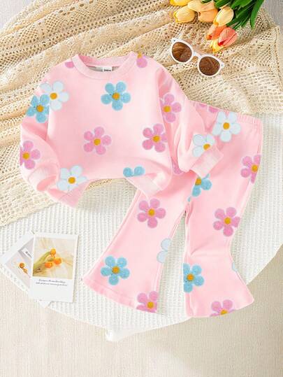 1 Set Baby Girl Casual Cute Floral Print Crew Neck Sweatshirt And Flare Pants Outfit, Pink, Autumn/Winter