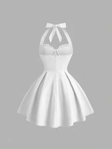 Sweetra Women's Solid Color Bow Decor Contrast Lace Elegant Halter Mini Dress - White - View 2
