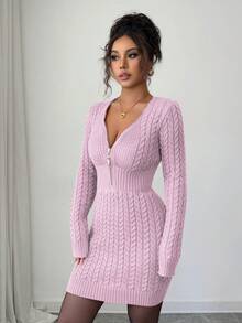 Elenzga 女士秋冬连帽外套，适合秋季度假、圣诞节、独立日、劳动节、哥伦布日、感恩节、节日音乐会、复古风、街头风、V领、约会之夜、教师装、返校季、韩版针织毛衣连衣裙、修身款 - 淺粉色 - 查看 6